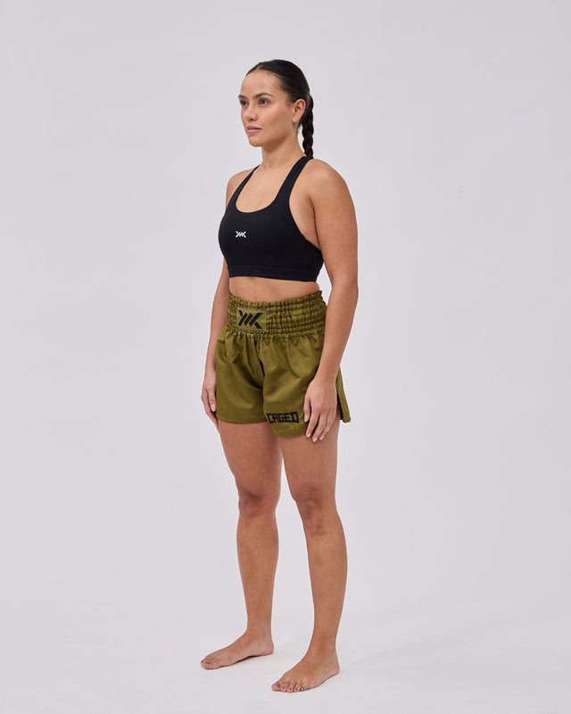Pantaloncini Muay Thai Caged Classic – Kaki verde/Nero donna