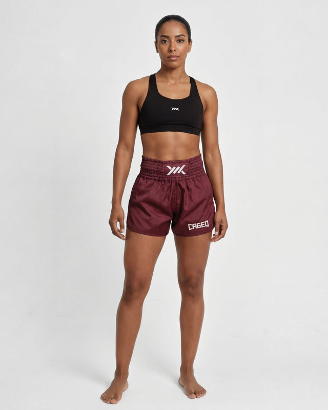 Pantaloncini Muay Thai Caged Classic – Bordeaux Rosso/Bianco da donna