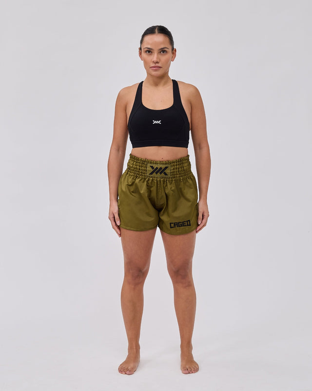 Pantaloncini Muay Thai Caged Classic – Kaki verde/Nero donna