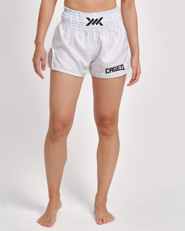 Pantaloncini Muay Thai Caged Classic – Bianco/Nero