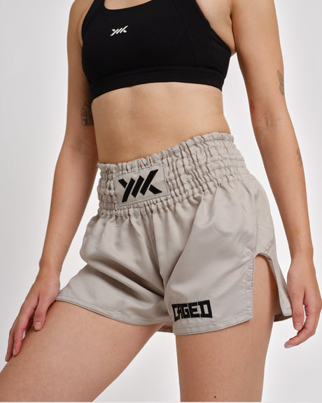 Pantaloncini Muay Thai Caged Classic – Grigio chiaro/Nero donna