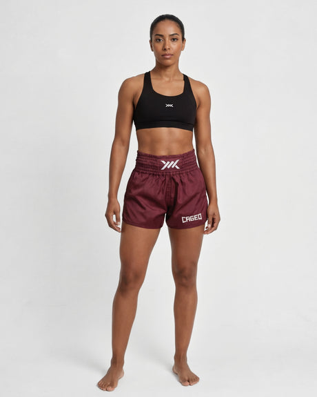 Pantaloncini Muay Thai Caged Classic – Bordeaux Rosso/Bianco da donna