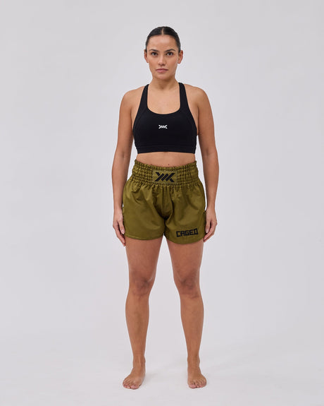 Pantaloncini Muay Thai Caged Classic – Kaki verde/Nero donna