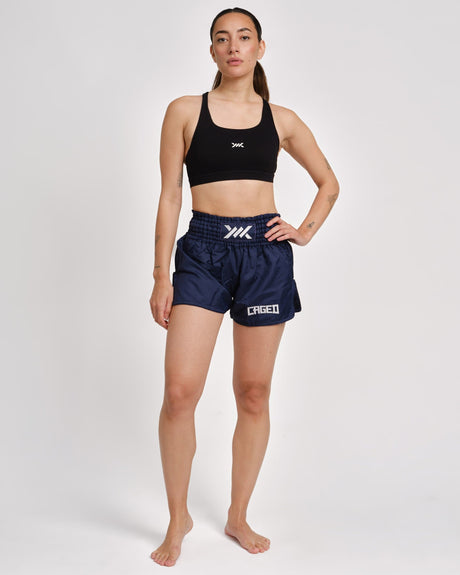 Pantaloncini Muay Thai Caged Classic – Blu navy/Bianco donna