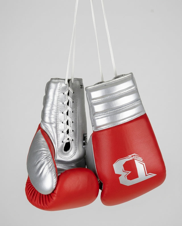 Gants de boxe Booster Rapid Strike à lacets – Rouge/Argent