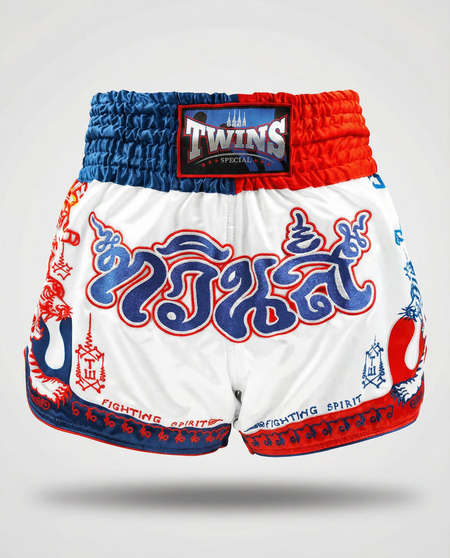 Pantaloncini Muay Thai Twins TTBL Yant – Bianco/Blu/Rosso