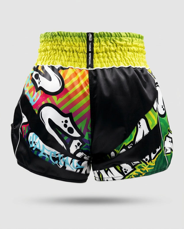 Shorts de Muay Thai Twins TTBL Graffiti – Noir/Vert/Jaune
