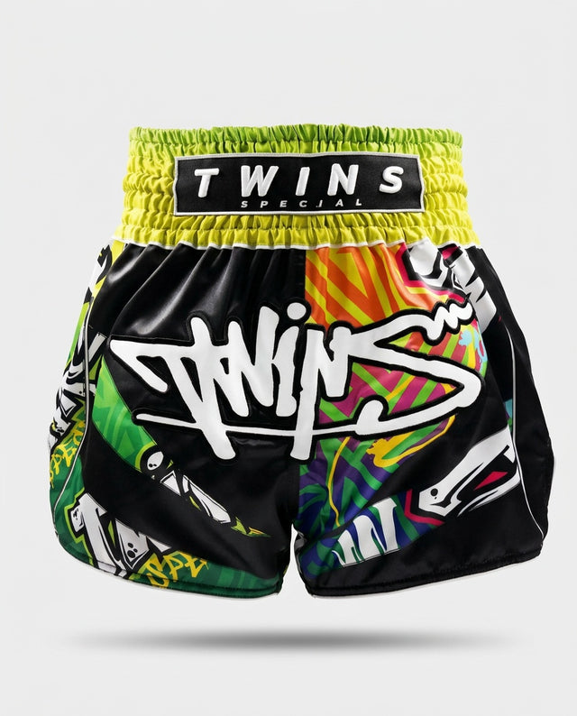 Shorts de Muay Thai Twins TTBL Graffiti – Noir/Vert/Jaune