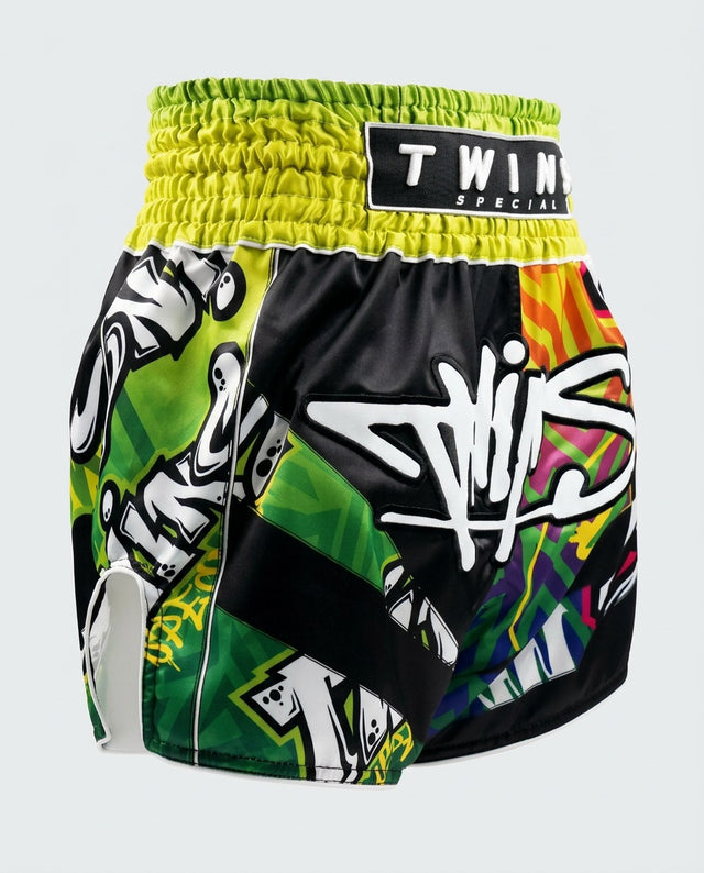 Shorts de Muay Thai Twins TTBL Graffiti – Noir/Vert/Jaune