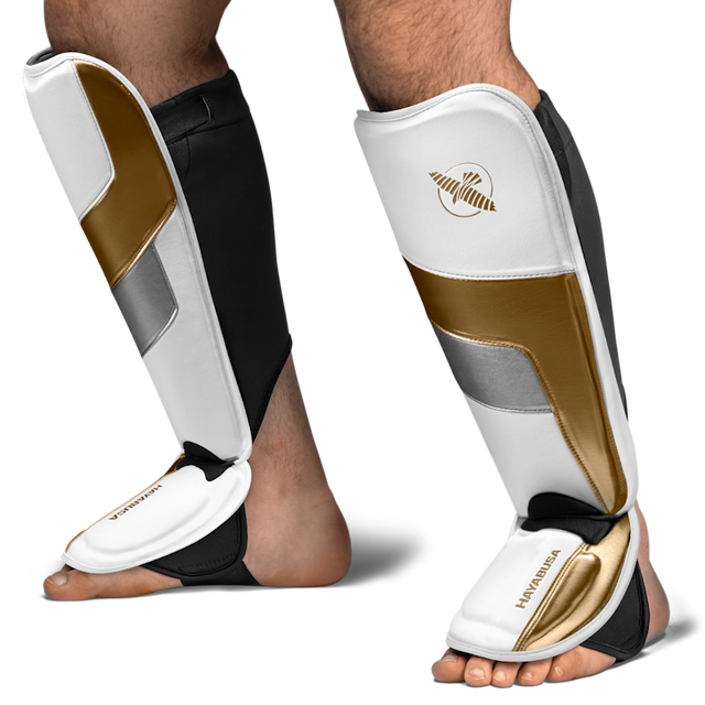 Espinilleras Hayabusa T3 Full – Blanco/Oro