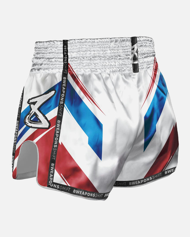 Muay Thai trenky 8 WEAPONS Shift – Bílé/Tmavě modré/Červené
