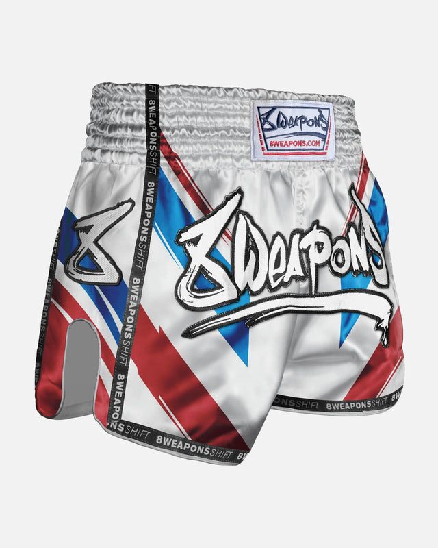 Muay Thai trenky 8 WEAPONS Shift – Bílé/Tmavě modré/Červené