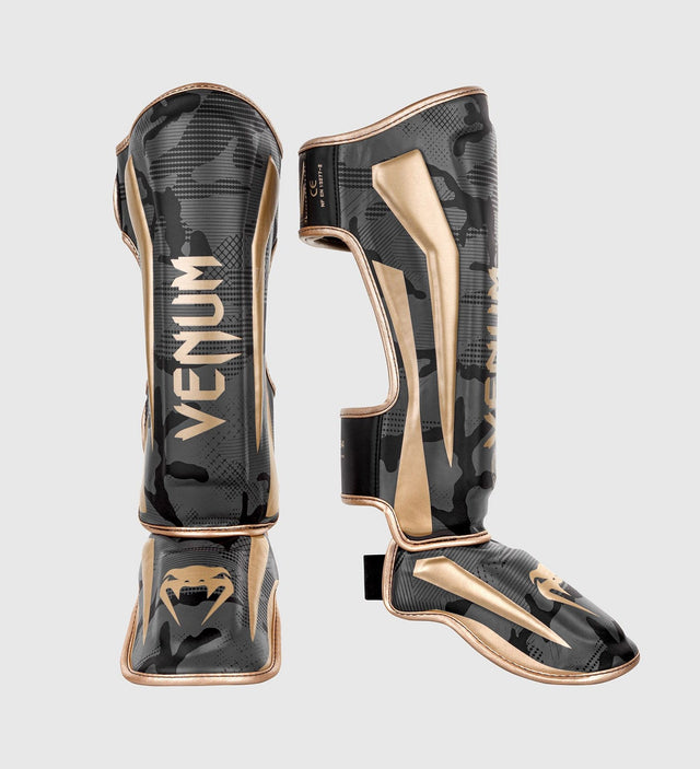 Paratibie da kickboxing Venum Elite – Camo Grigio/Oro – Paratibie